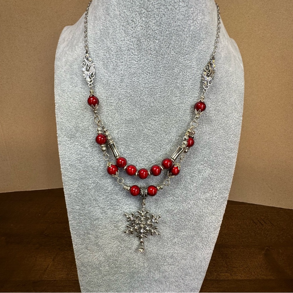 NEW-Handmade - Candy Apple Red Beads & Silver Snowflake Holiday Necklace